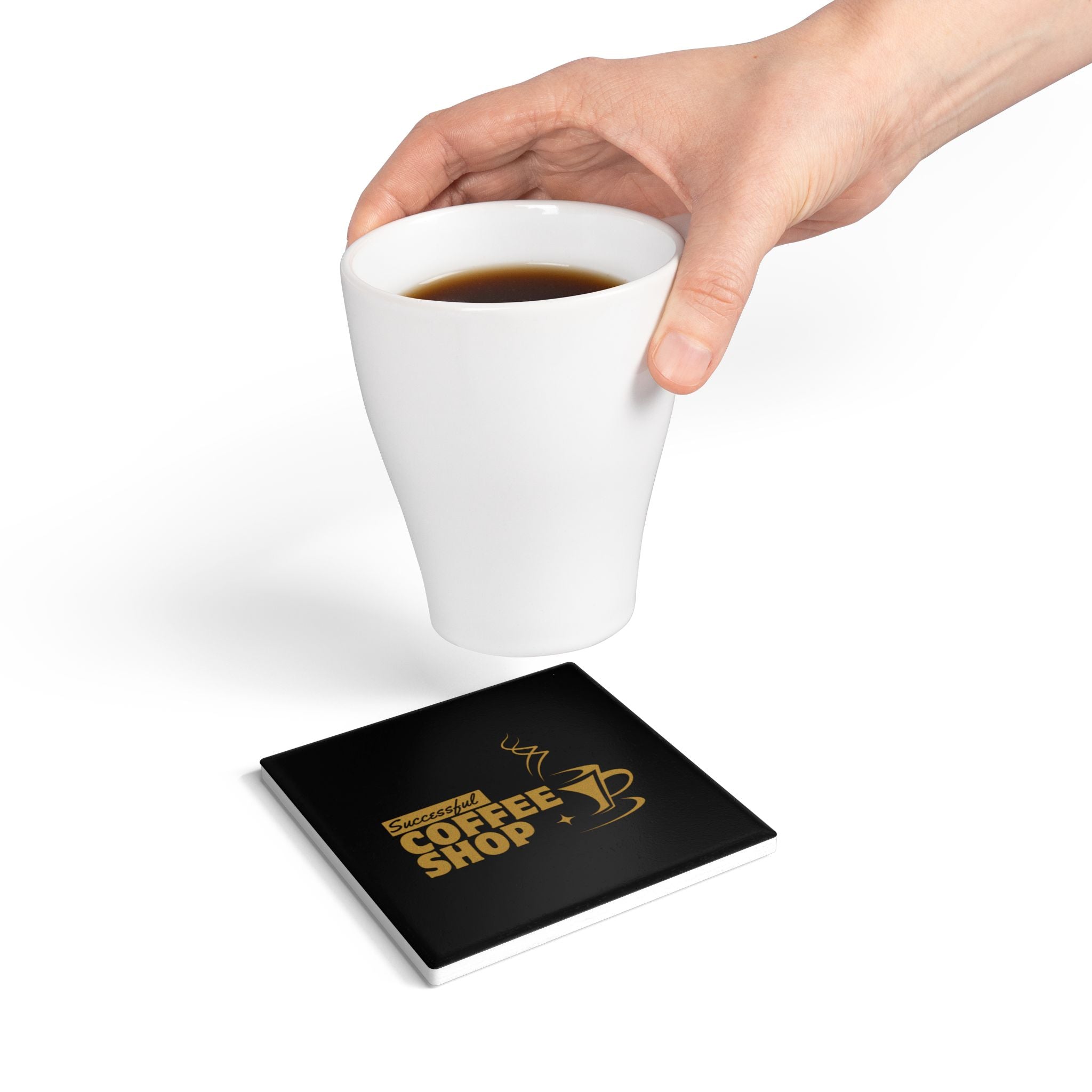 Successful Coffee Shop Ceramic Coaster — Gold Coffee Cup Design