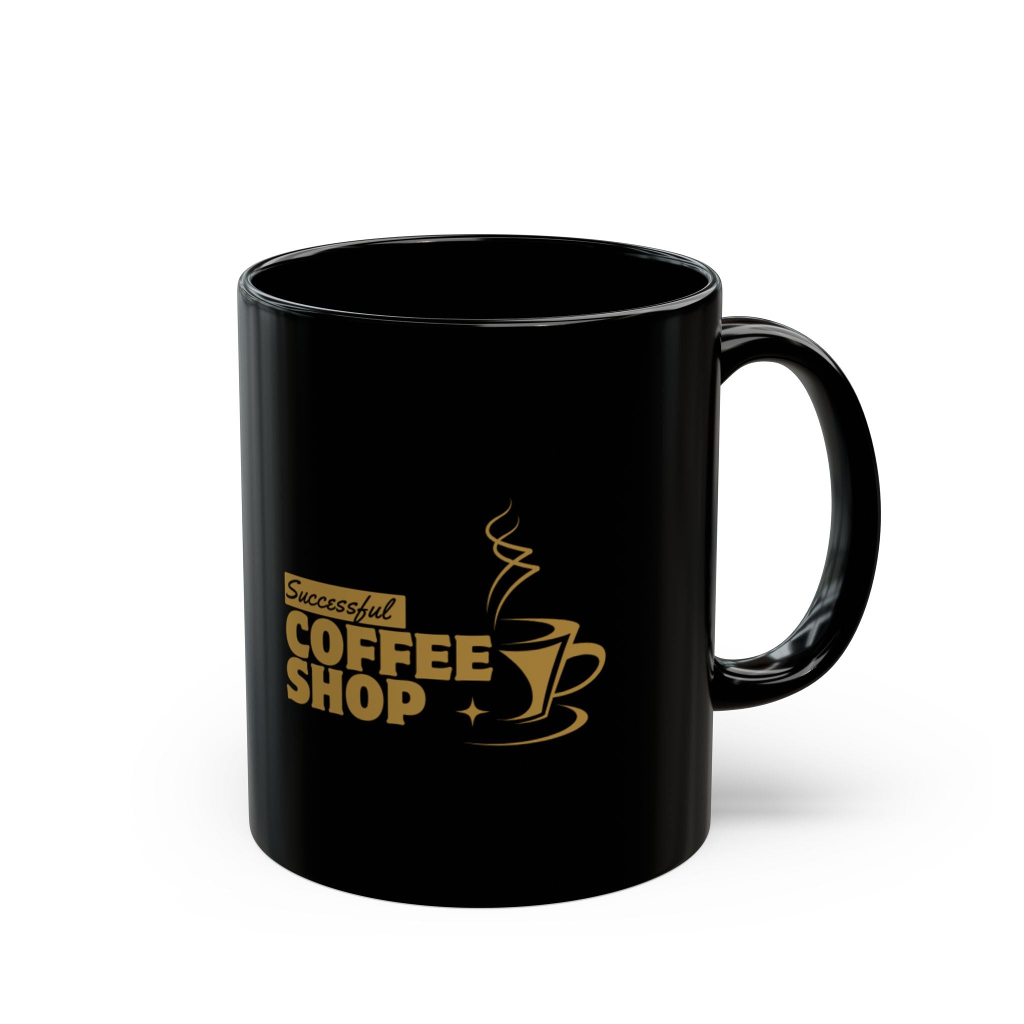 Successful Coffee Shop Black Mug — Gold Logo Ceramic Coffee Cup (11oz, 15oz)
