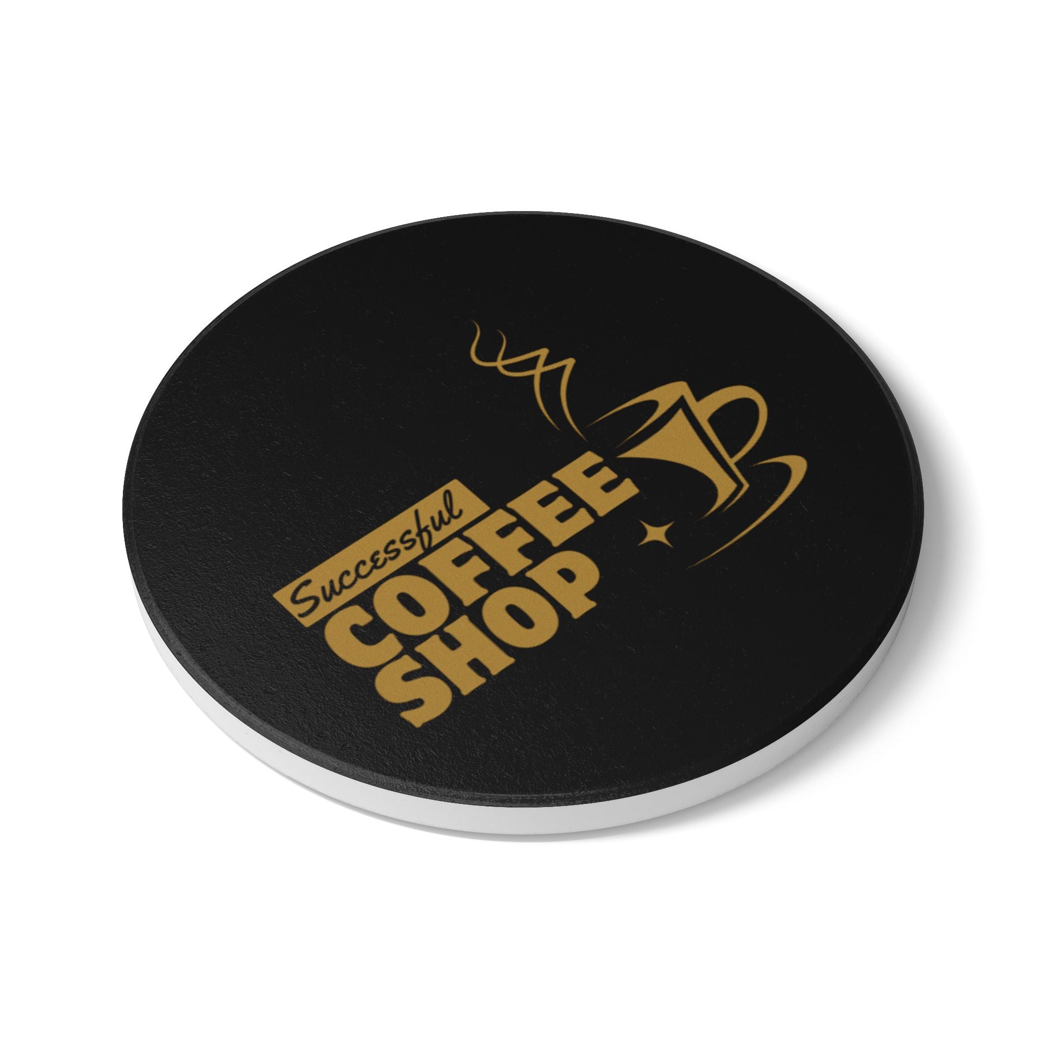 Successful Coffee Shop Ceramic Coaster — Gold Coffee Cup Design