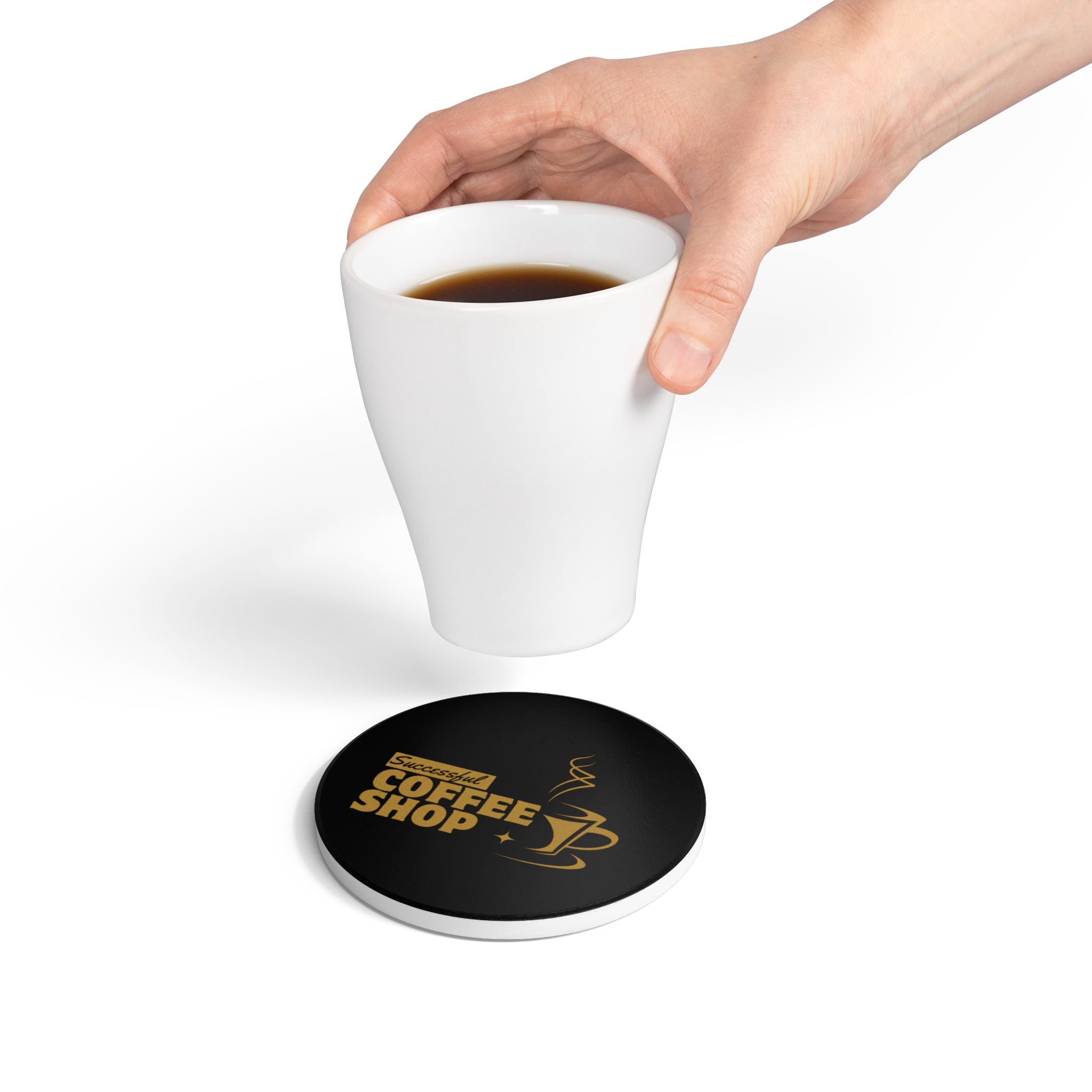 Successful Coffee Shop Ceramic Coaster — Gold Coffee Cup Design