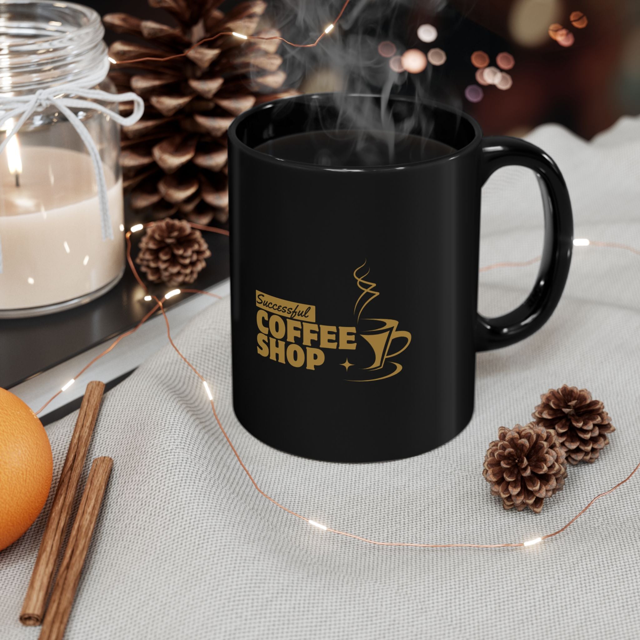 Successful Coffee Shop Black Mug — Gold Logo Ceramic Coffee Cup (11oz, 15oz)