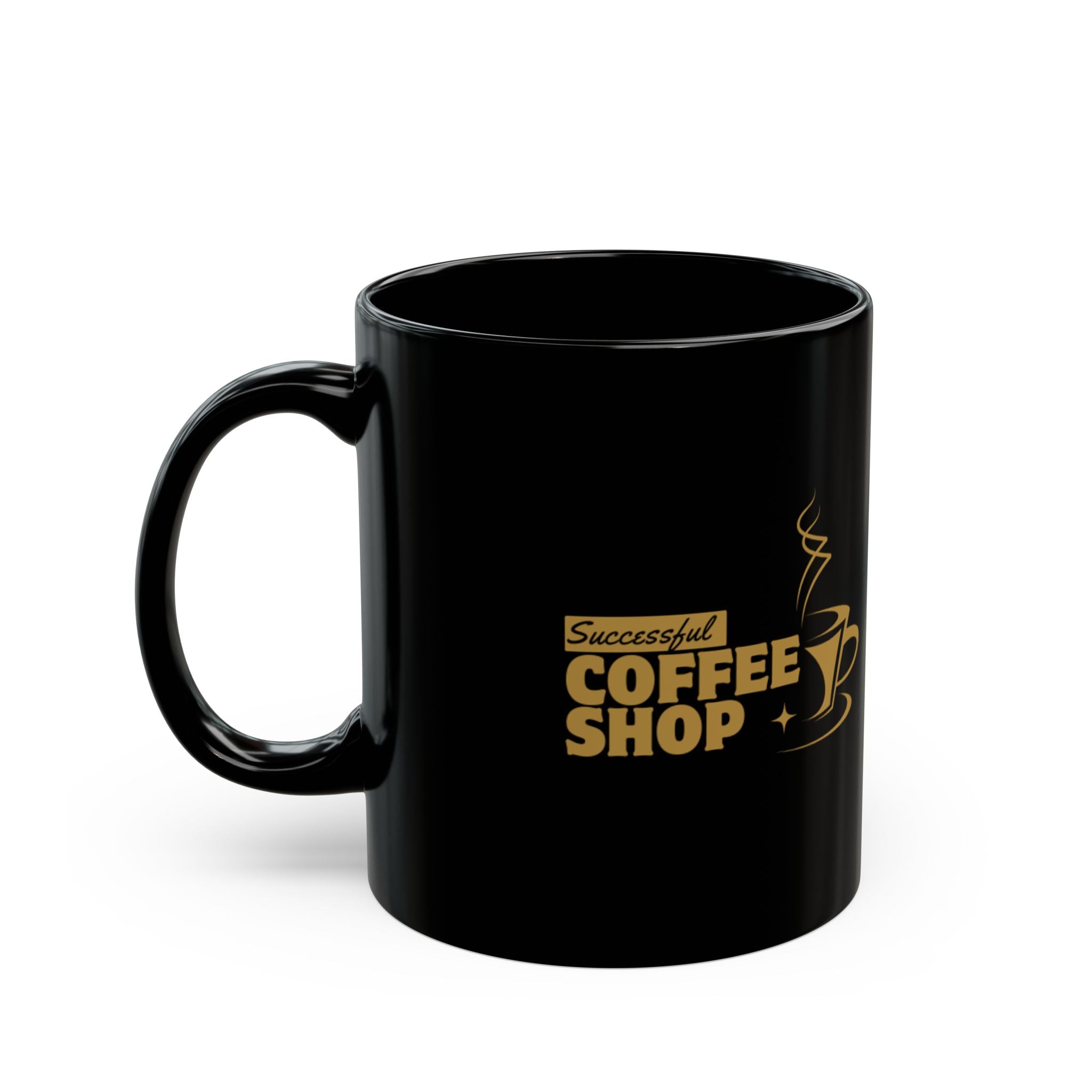 Successful Coffee Shop Black Mug — Gold Logo Ceramic Coffee Cup (11oz, 15oz)