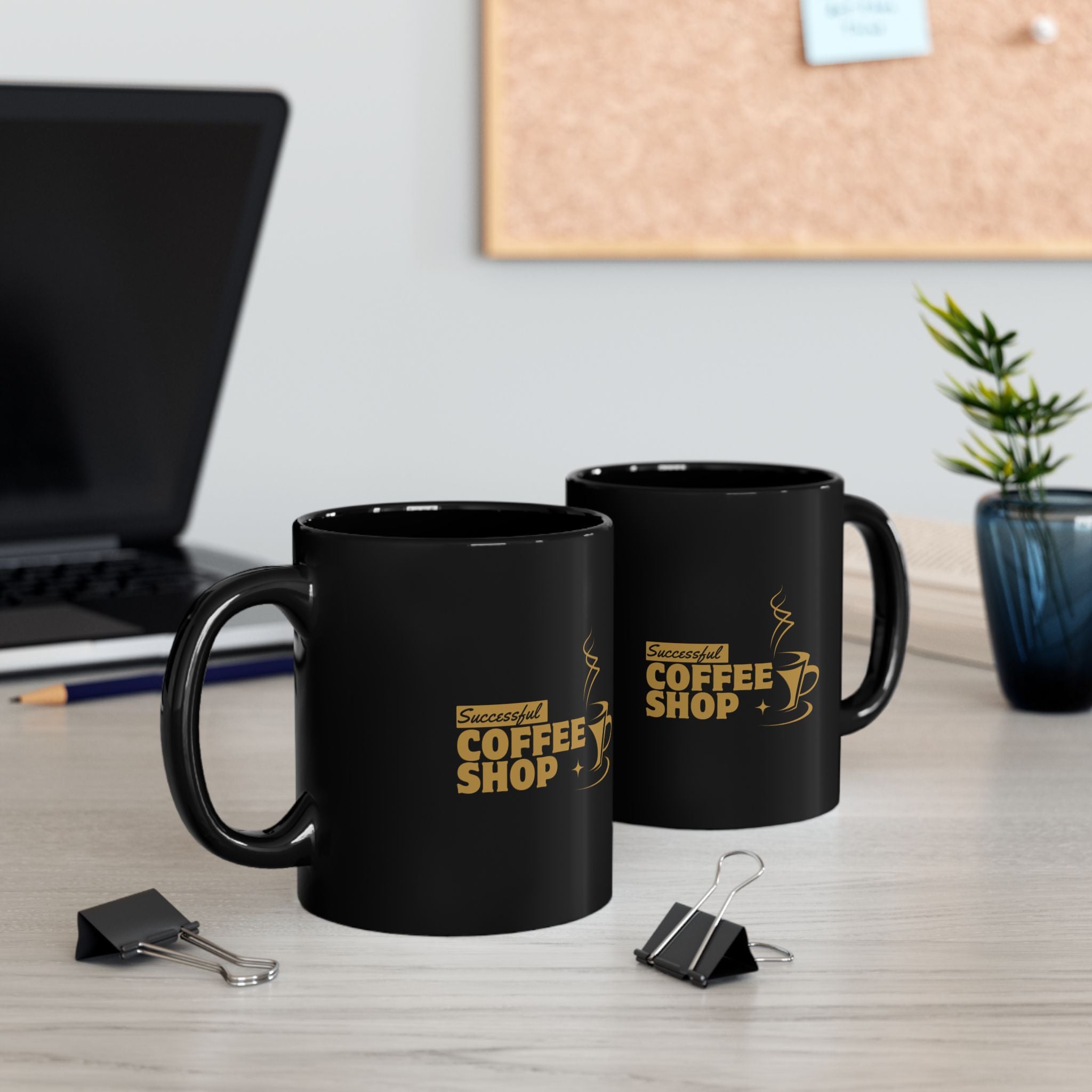 Successful Coffee Shop Black Mug — Gold Logo Ceramic Coffee Cup (11oz, 15oz)